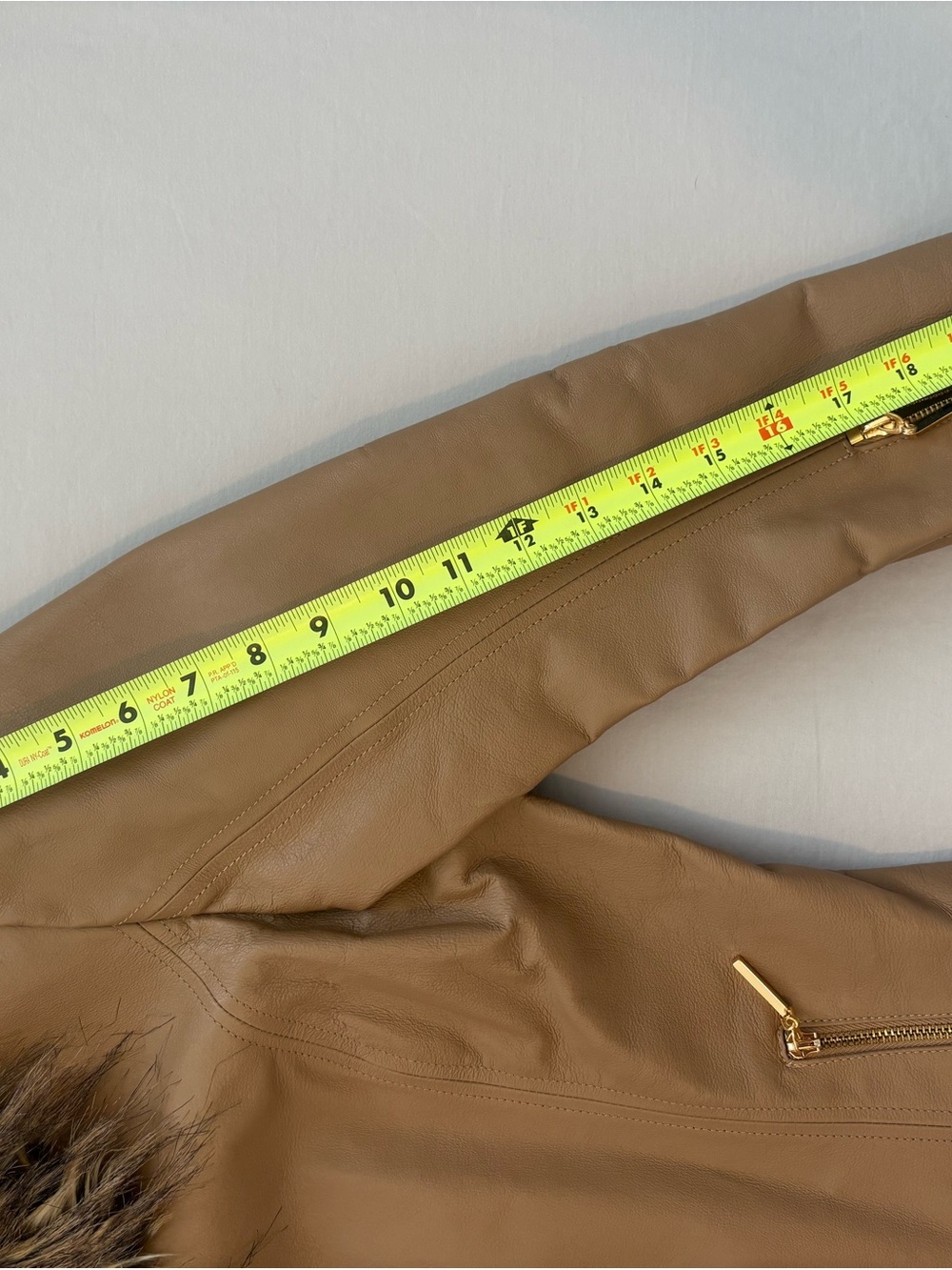 Terry Lewis Genuine Leather Jacket L Tan Faux Fur Collar Gold Zip Y2K - Picture 8 of 8